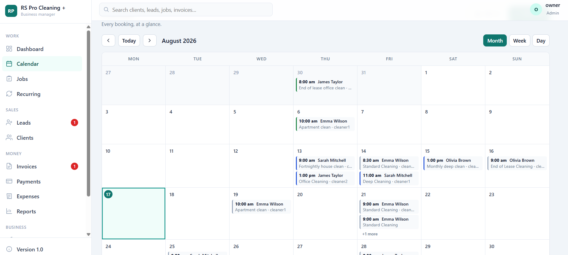 Month calendar view for August with cleaning jobs on individual days showing start time, client name, service and assigned cleaner, and Month, Week and Day view buttons.