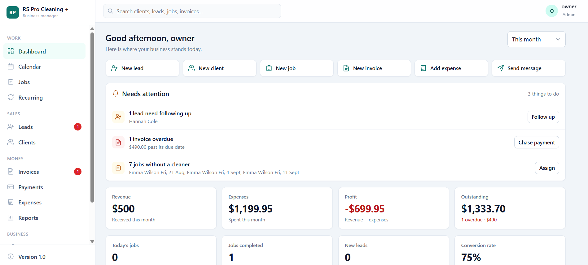 The owner dashboard: greeting, quick actions for new lead, client, job, invoice and expense, and a Needs attention panel listing a lead to follow up, an overdue invoice and jobs without a cleaner.