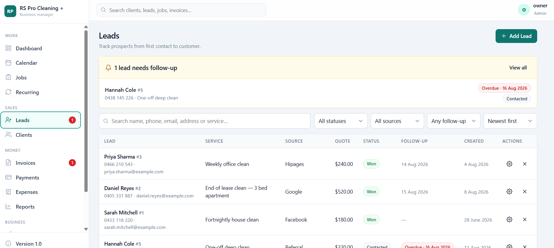 Leads list with a follow-up banner and a table of leads showing service requested, source, quote amount, status and follow-up date.